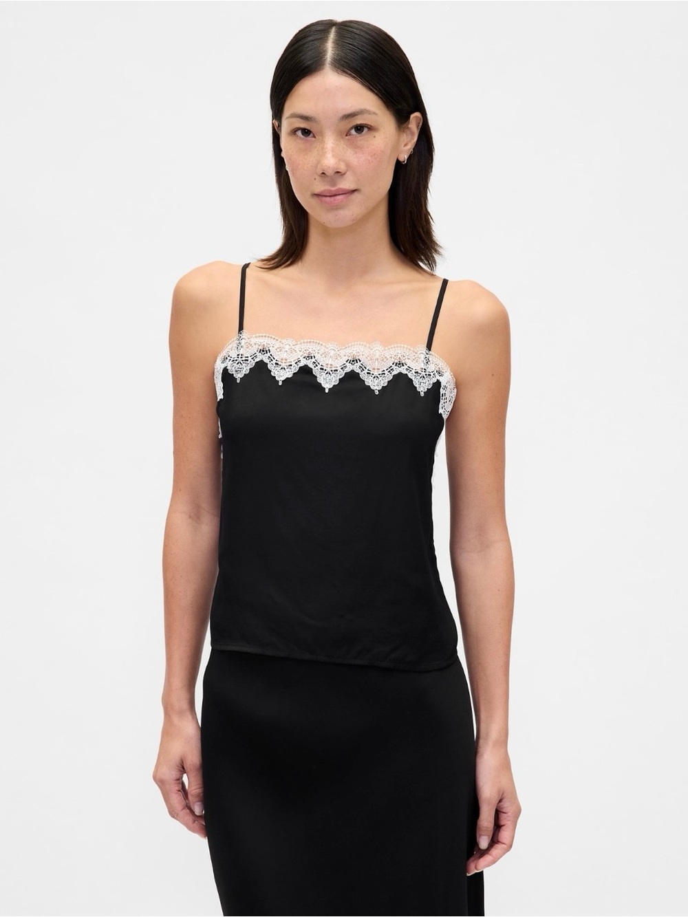 Black Satin Lace-Trim Cropped Cami- lg